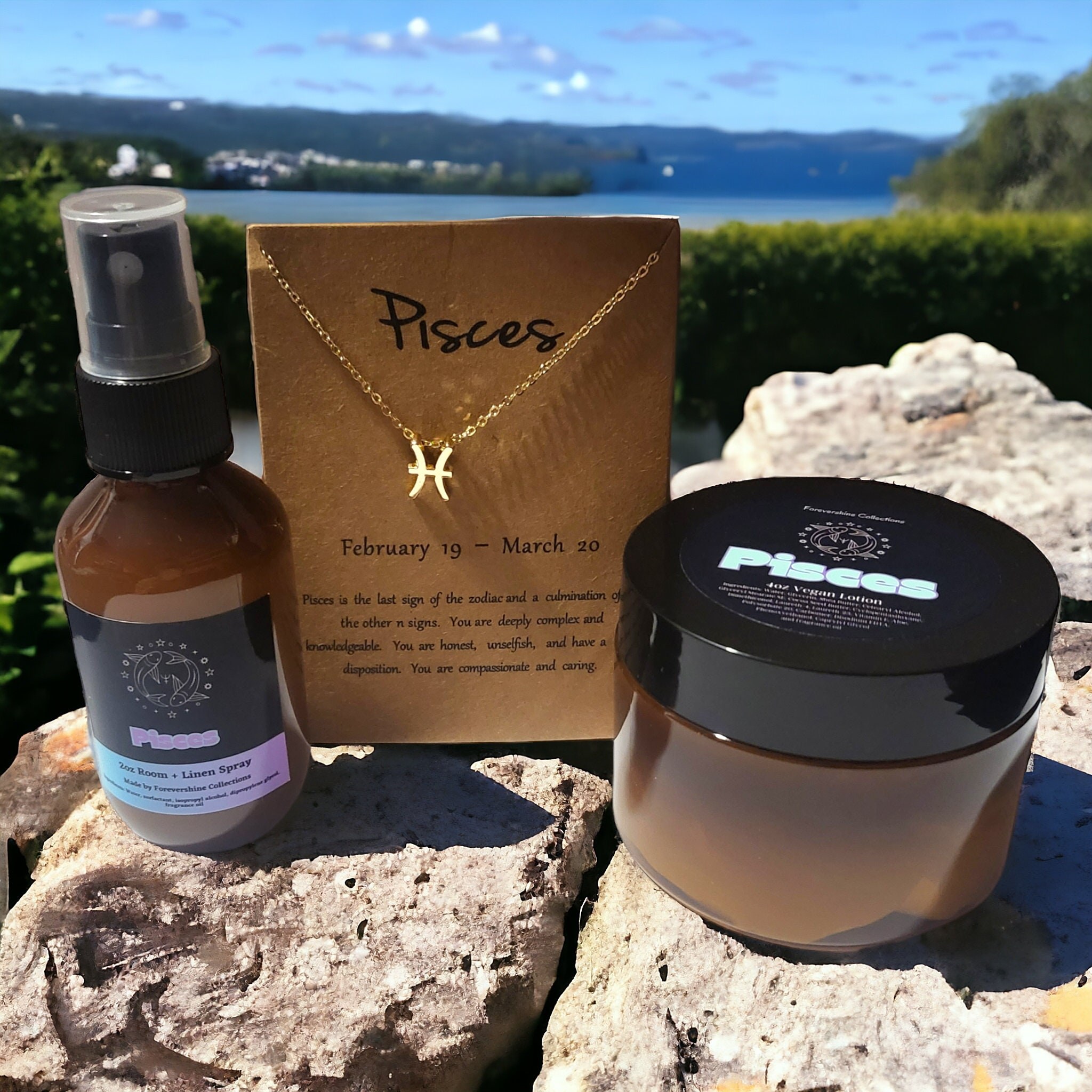 Pisces Gift Set: Zodiac Necklace, Room Spray & Lotion