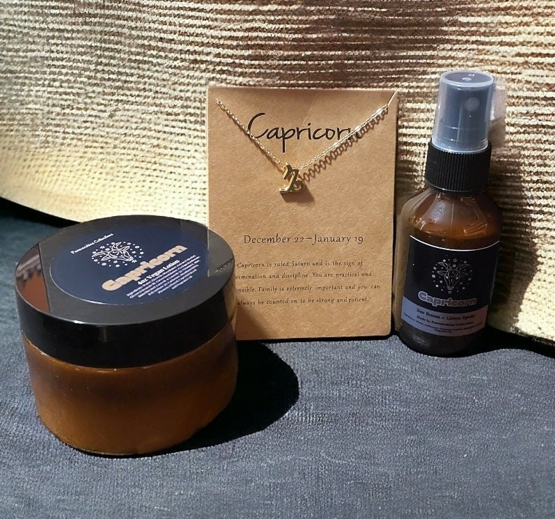Capricorn Gift Set: Zodiac Necklace, Lotion & Room Spray