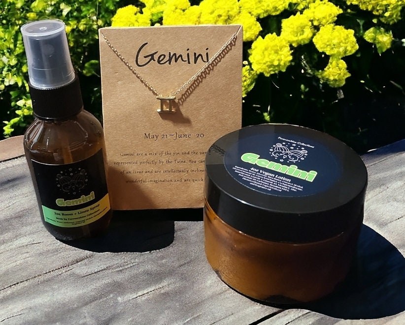 Gemini Zodiac Gift Set: Vegan Lotion, Necklace, Room Spray