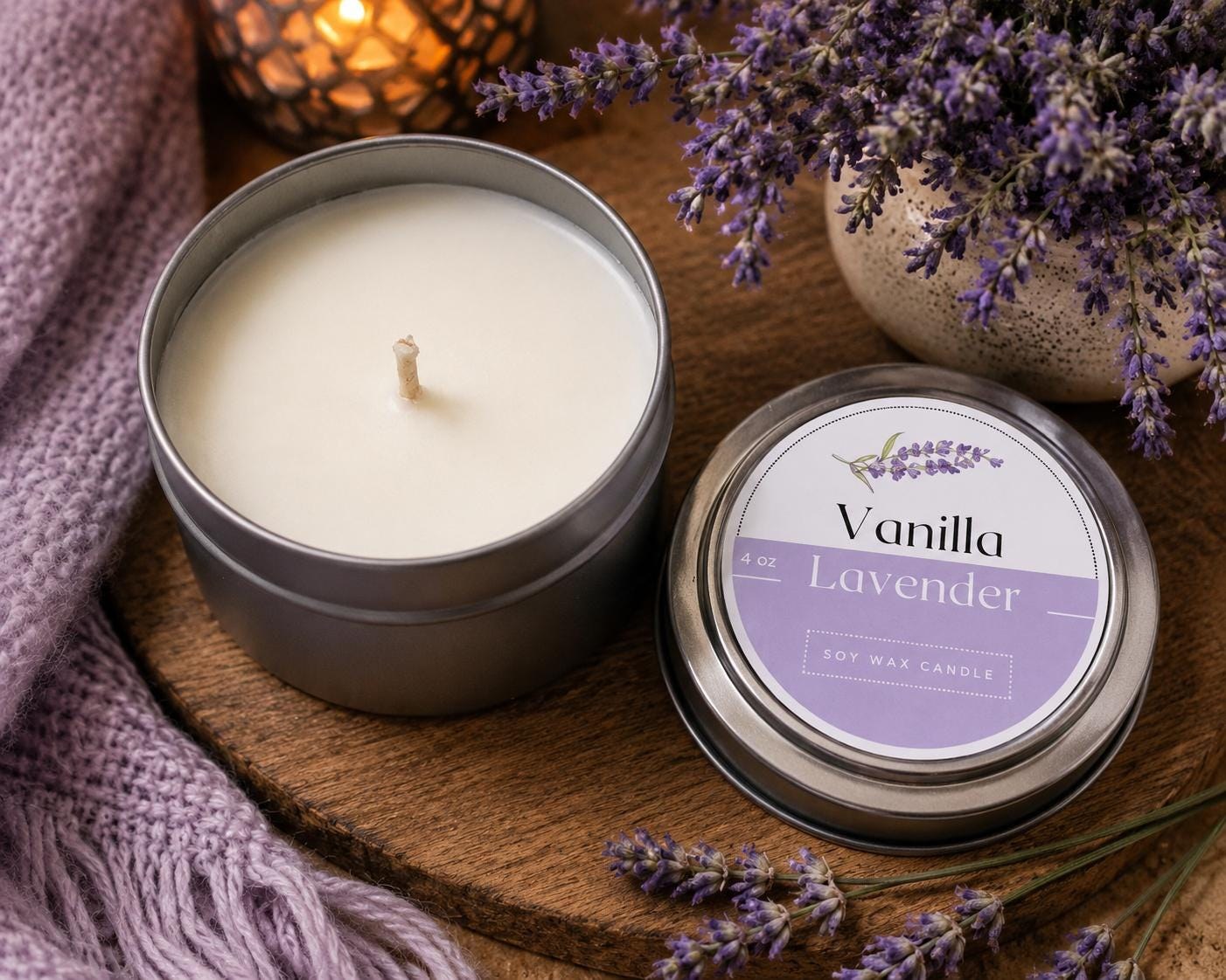 Lavender Vanilla Scented Soy Candle - 4oz Candle
