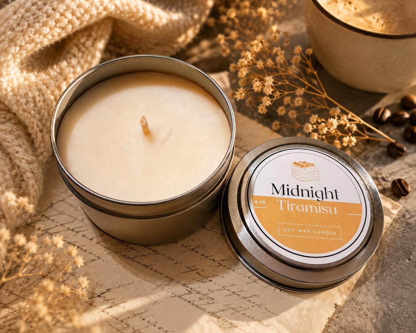Midnight Tiramisu 4 oz Soy Candle- Cozy gourmand fragrance - Inspired by classic tiramisu