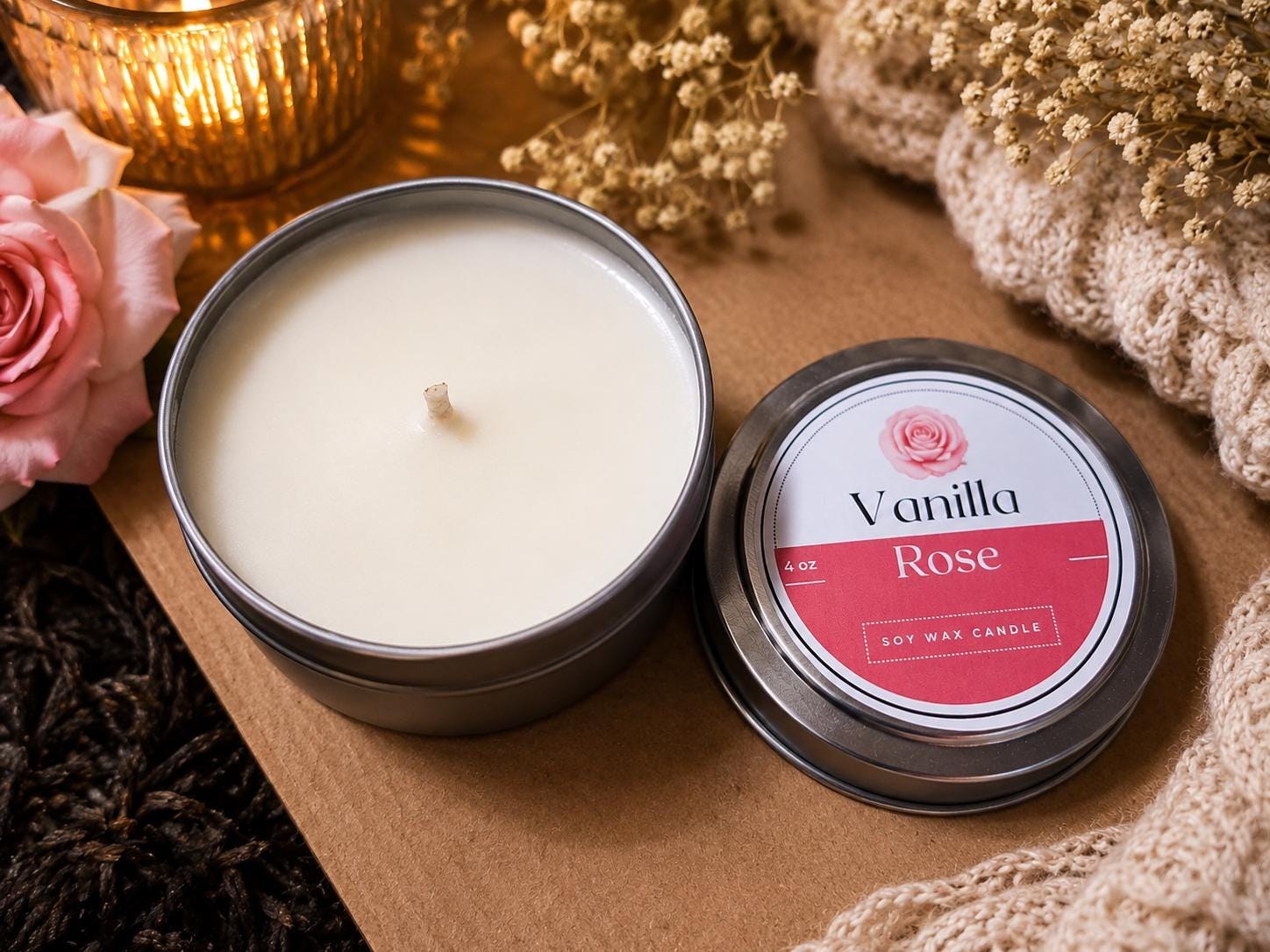 4oz Vanilla Rose Soy Candle - Rose Scented- Vanilla Scented- Self Care