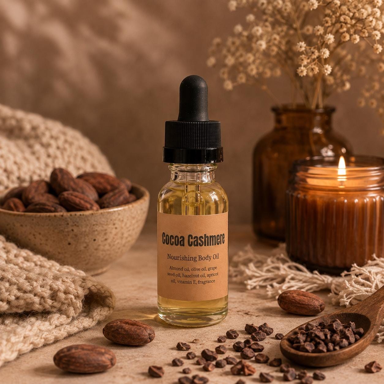 Cocoa Cashmere Body Oil: Warm Cozy Scent, Nourishing Skin (1oz)