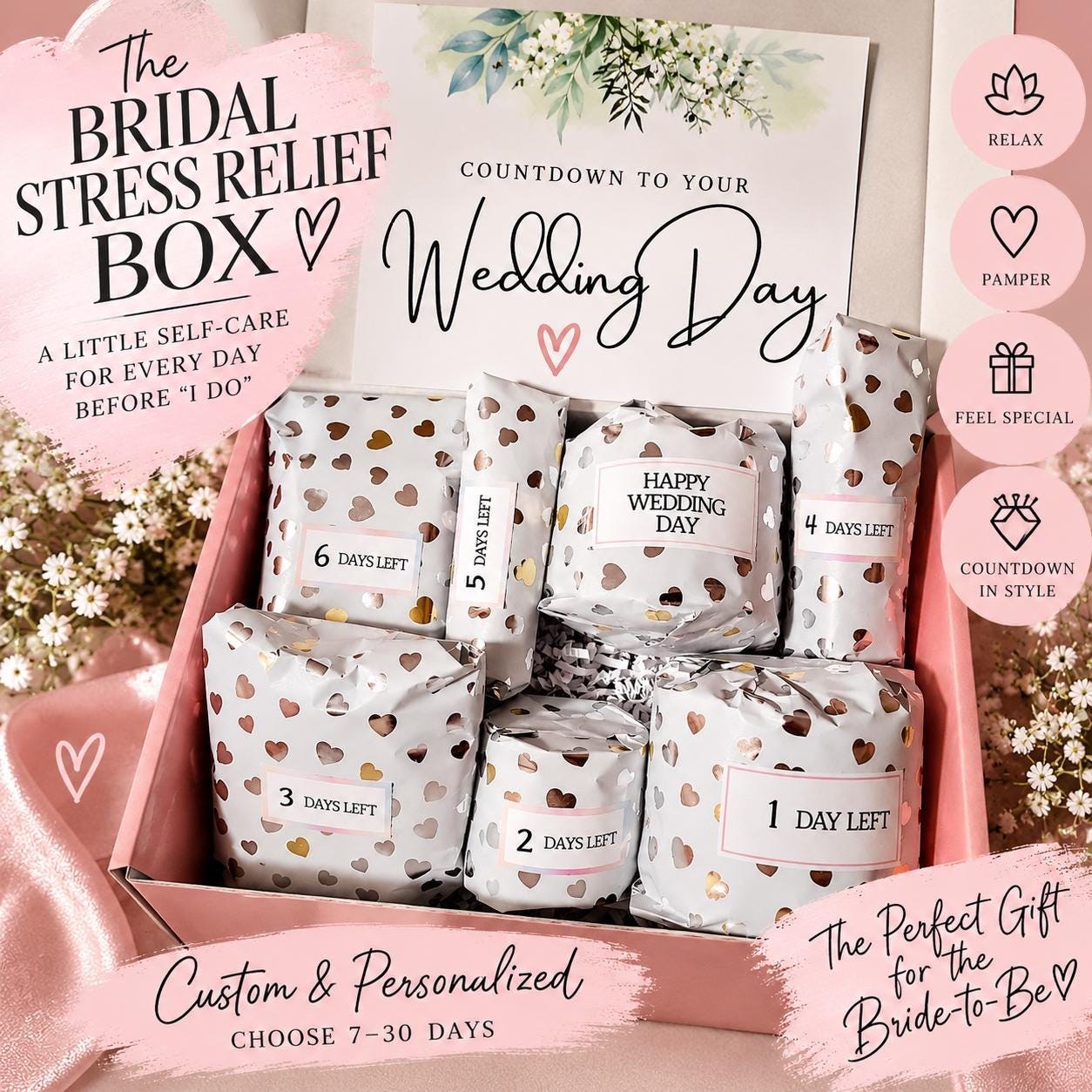 Bridal Stress Relief Gift Box – Personalized Wedding Countdown Self Care Box | Bride to Be Relaxation Gift | Bridal Shower Gift for Her