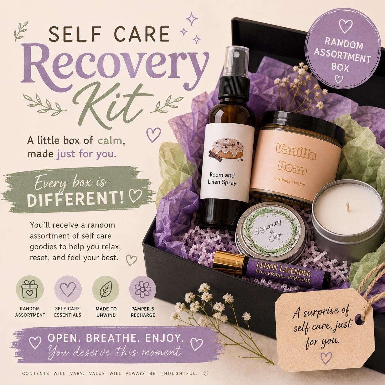 Self Care Recovery Kit Gift Box, Random Assortment Care Package, Relaxation Gift Basket, Get Well Soon Gift, Stress Relief Box