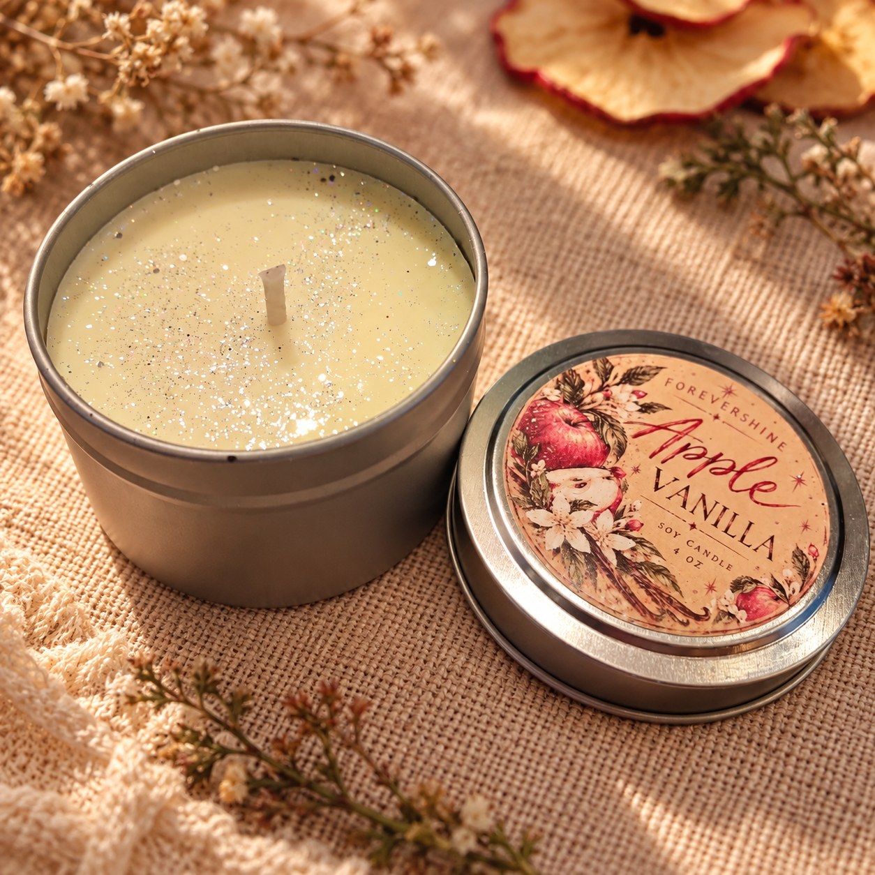 Apple Vanilla Candle, 4 oz Soy Candle, Sweet Apple Scented Candle, Cozy Fall Home Fragrance, Handmade Candle Gift, Autumn Decor, handmade by Forevershine Gifts
