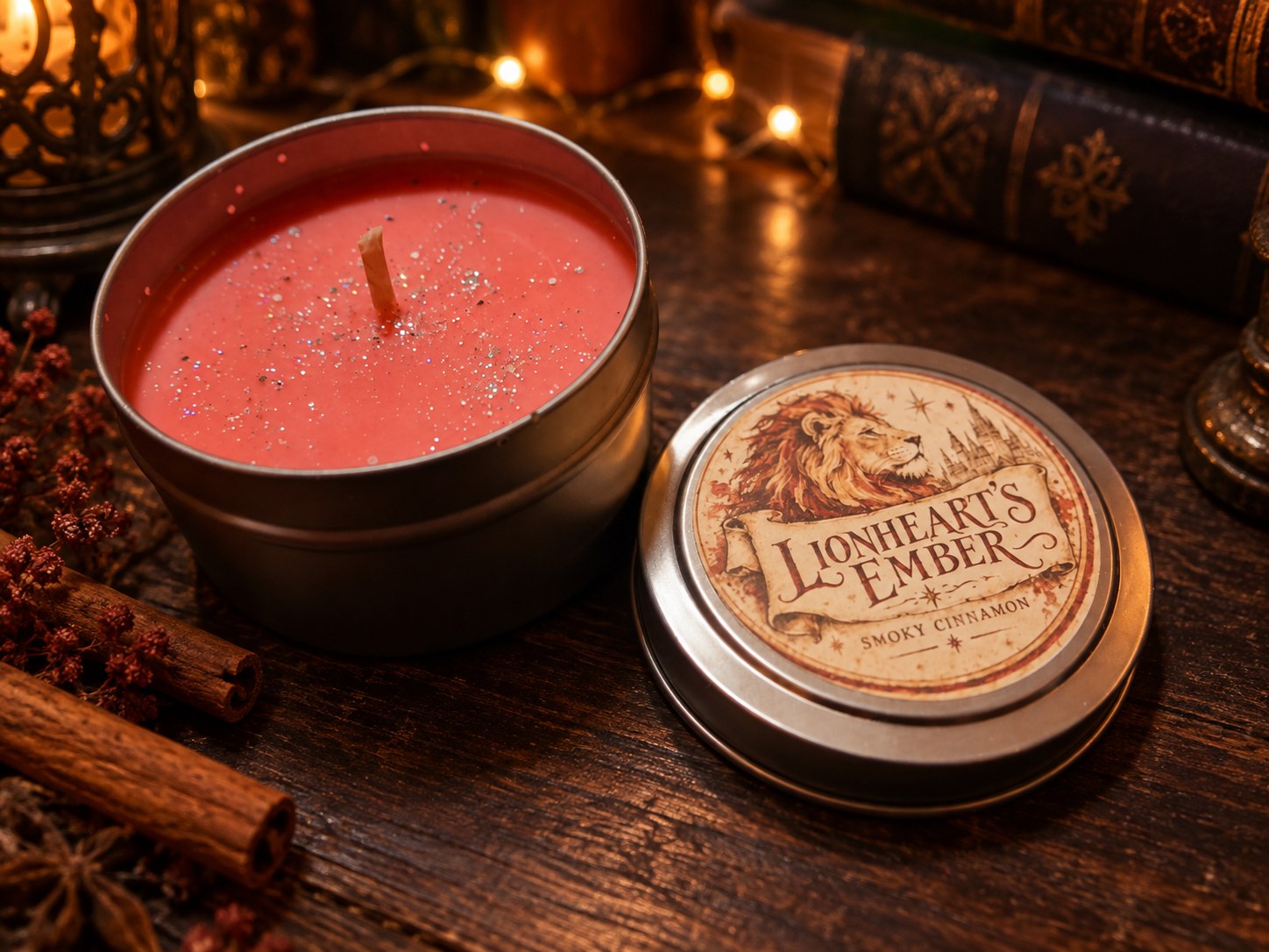 Gryffindor Lion's Heart Ember Candle, Smoky Cinnamon Scented Candle, Fantasy Inspired Gift, Dark Academia Decor, Cozy Autumn Candle, Book Lover Gift, handmade by Forevershine Gifts