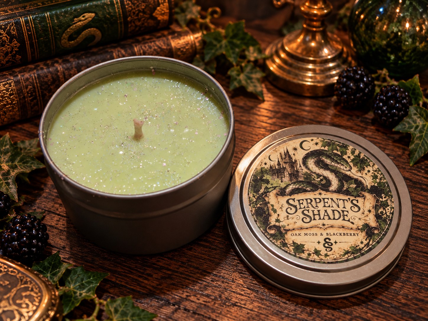 Slytherin Serpent's Shade Candle, Oakmoss Blackberry Scented Candle, Dark Academia Decor, Gothic Home Decor, Fantasy Inspired Gift, Moody Aesthetic Candle, handmade by Forevershine Gifts